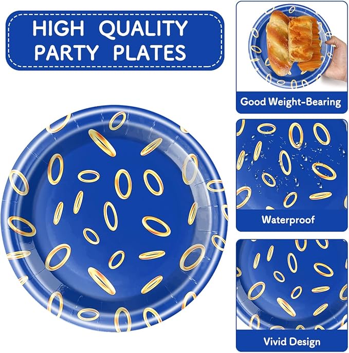 Blue Gold Ring Birthday Plates & Napkins Party Supplies, Blue-gold ring pattern Disposable Happy Birthday Party Tableware Set
