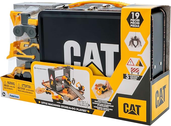 CAT Construction Toys, Store N Go Playset - Tin Travel Case Transforms into Multi-Level Worksite, Includes 2 Little Machines Vehicles & 10 + Accessories, Portable STEM Toy for Kids Ages 3 +