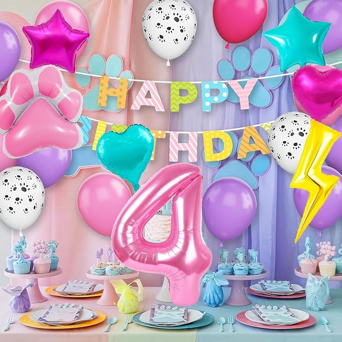 Super Cat Birthday Party Supplies, Super Cat Balloons, Pink Number 4 Balloon 40 Inch, Paw, Lightning And Heart Balloons, 4th Birthday Decorations For Girls