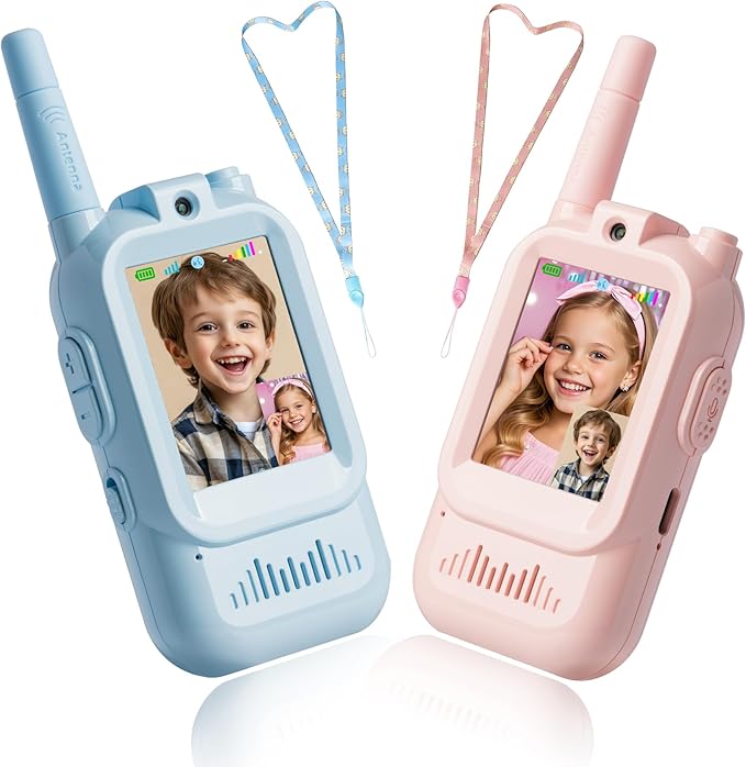 Video Walkie Talkies for 3-12 Boys Girls,2 Pack Facetime Walkie Talkie for Kids with Screen, HD Camera & Voice Changer for Family Games, Hiking, for Grandkids (Blue+Pink)