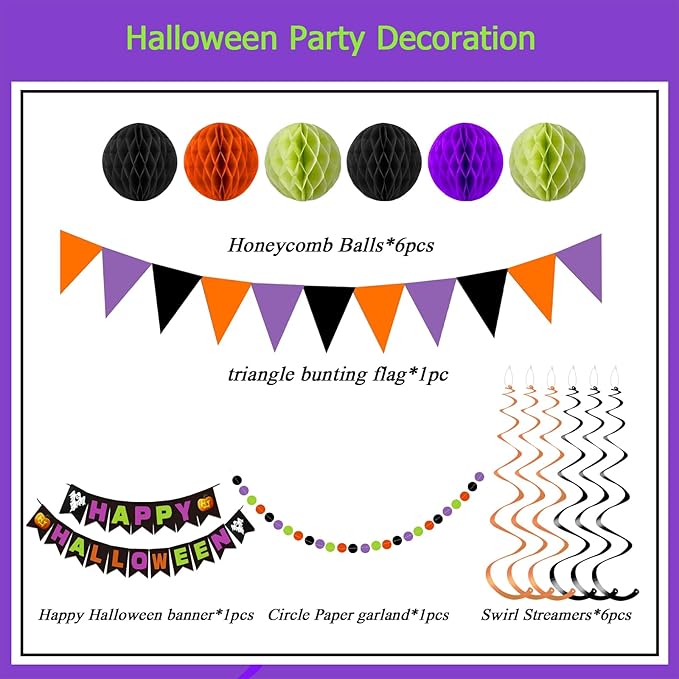 Halloween Party Decorations, Happy Halloween Banner with Honeycomb Balls Paper Circle Garland Triangle Bunting Flag Swirl Streamers for Party Supplies