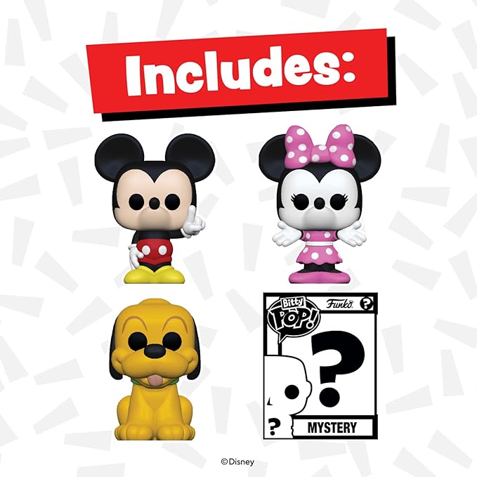 Funko Bitty POP! Disney - Mickey, 4-Pack - Mickey Mouse, Minnie Mouse (Pink Dress), Pluto and A Surprise Mystery Mini Figure - 0.9 Inch (2.2 Cm) Collectable - Stackable Display Shelf Included