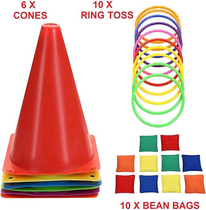 3 in 1 Carnival Outdoor Games Combo Set, Soft Plastic Cones Cornhole Bean Bags Ring Toss Games,for Kids Adults Indoor Outdoor Birthday Party Lawn Games Supplies (26 Pieces