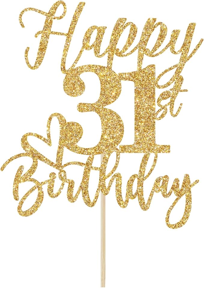 Gold Glitter Happy Birthday Cake Topper, Funny 31st Birthday Party Supplies