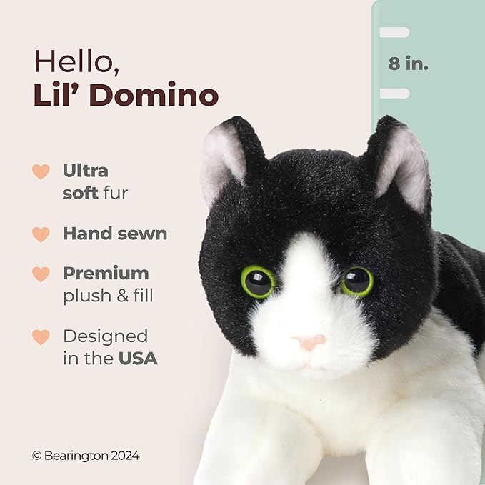 Bearington Lil’ Domino Tuxedo Cat Plush - 8" Realistic Black and White Stuffed Animal with Soft Fur and Lifelike Details - Adorable Kitty Stuffy Gift for Kids, Toddlers, and Kitten Lovers