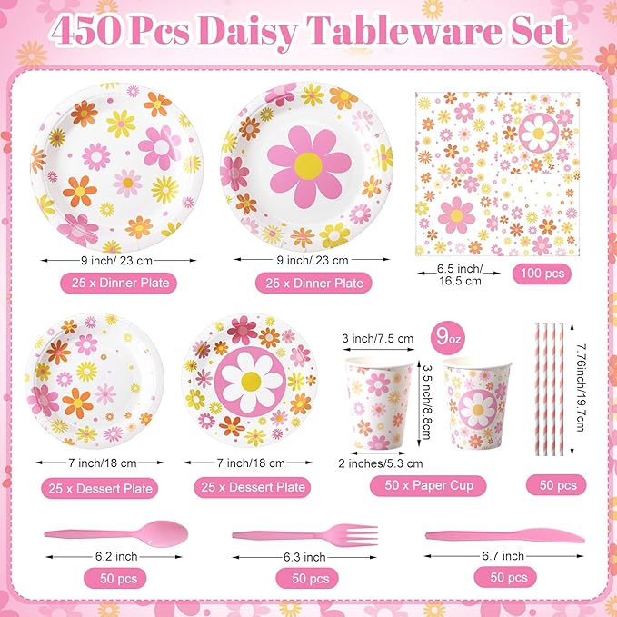 450 Pcs Daisy Groovy Tableware Set Decorations Boho Daisy Flower Paper Plates Napkins Cups Cutlery Straws for Boho Hippie Retro Birthday Baby Bridal Shower Wedding Tea Party, Serves 50