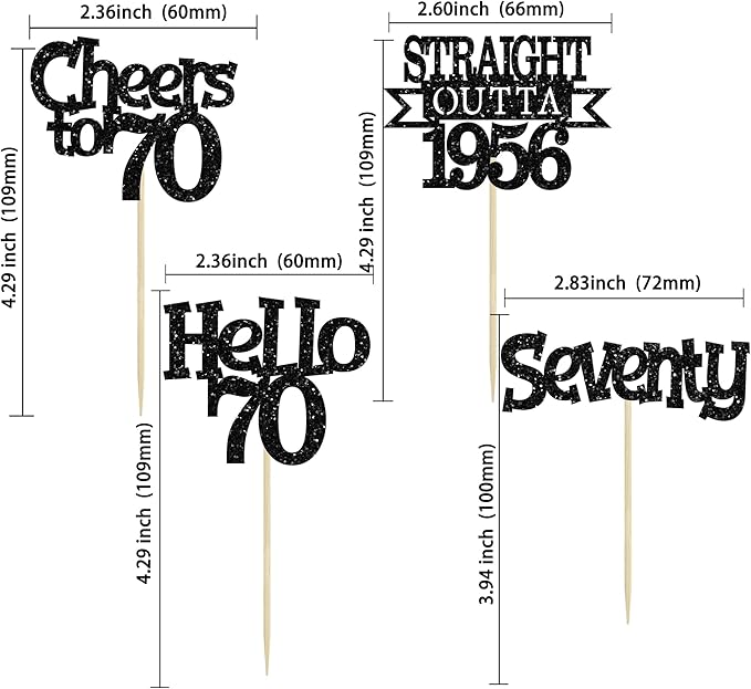 Ephlyn 24Pcs Happy 70th Birthday Cupcake Toppers Glitter Straight Outta 1956 Cupcake Picks Hello 70 Cheers to 70 Years Birthday Cake Decorations for 70th Birthday Anniversary Party Supplies Black