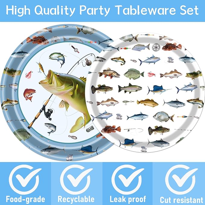Rakuto Gone Fishing Party Plates, 96PCS Fishing Birthday Party Decorations Supplies, Fish Themed Paper Plates and Napkins Forks Disposable Tableware Supplies(24 Guests)