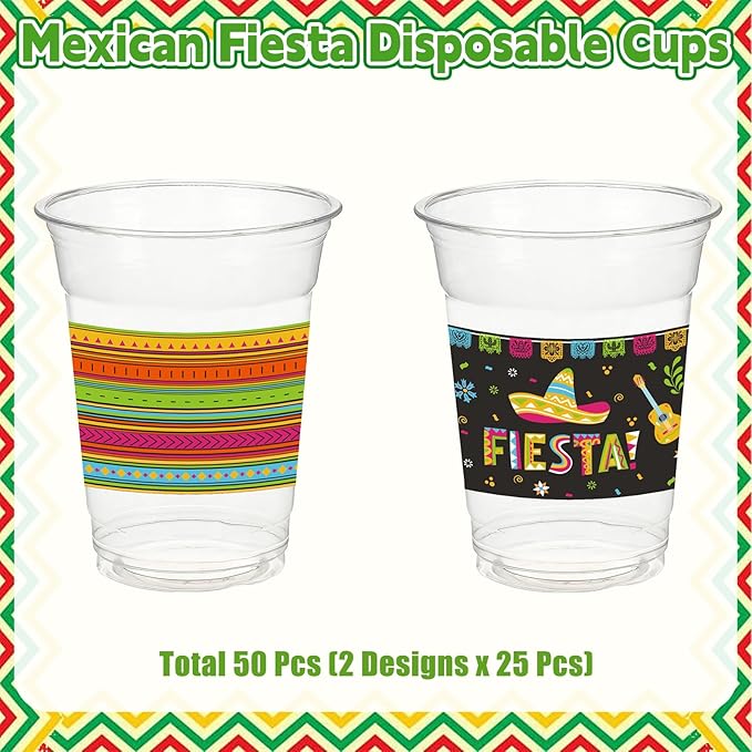 Cinco De Mayo Decorations Plastic Cups - 50pcs 12 Oz Plastic Clear Mexican Cups Disposable Drinking Cups For Fiesta Mexican Taco Bar Birthday Party Supplies Decorations