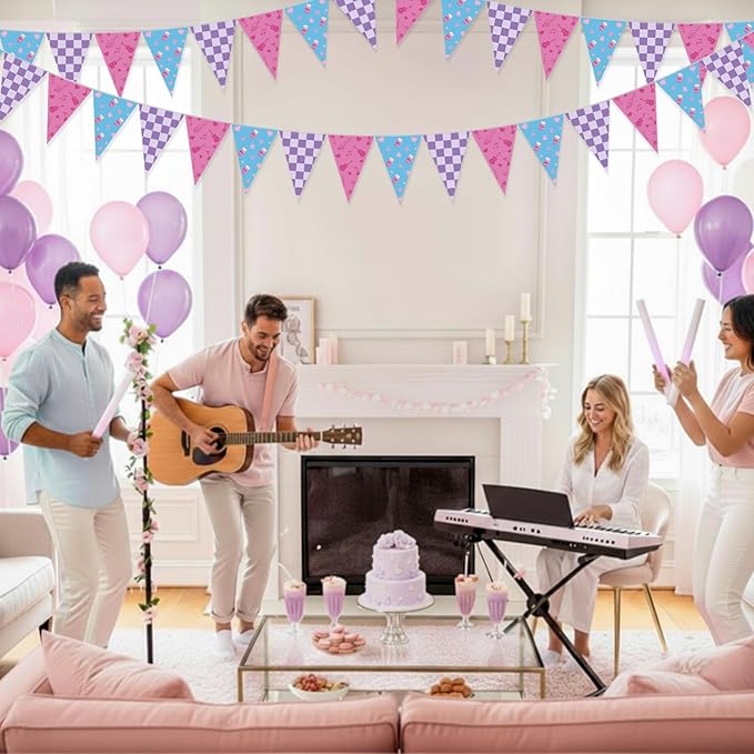 HESTYA 5 Pcs 49 ft Kpop Theme Pink Purple Blue Pennant Banner Pink and Purple Birthday Party Decor Kpop Theme Triangle Flag Bunting Garland for Birthday Supplies