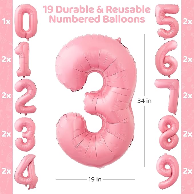 Pink Happy Birthday Balloon Set for Girls - 89 Pc Party Decorations for Women with 0-19 Number Balloons, Crown, Lipstick and Champagne Bottle Shapes, Confetti, Backdrop, Arch Kit, Assembly Supplies