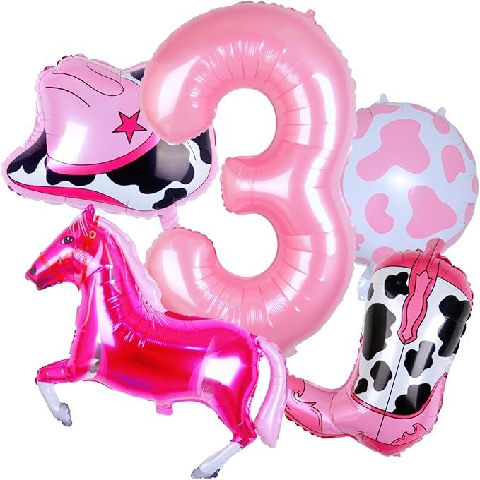 Cowgirl Balloons Pink Girl 3rd Rodeo Birthday Party Decorations, Disco Girl Horse Hat Boot Cow Balloons Western Theme Farm Birthday Party Decorations Supplies Decor (32Inch Pink 3 Balloon)