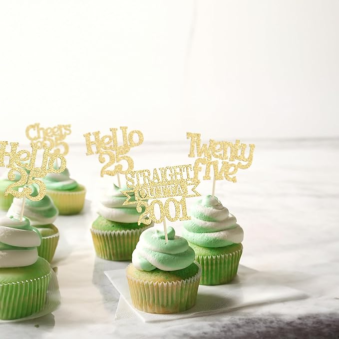 Ephlyn 24Pcs 25th Birthday Cupcake Toppers Glitter Straight Outta 2001 Cupcake Picks Hello 25 Cheers to 25 Years Cake Decorations for 25th Birthday Anniversary Party Decorations Supplies Gold