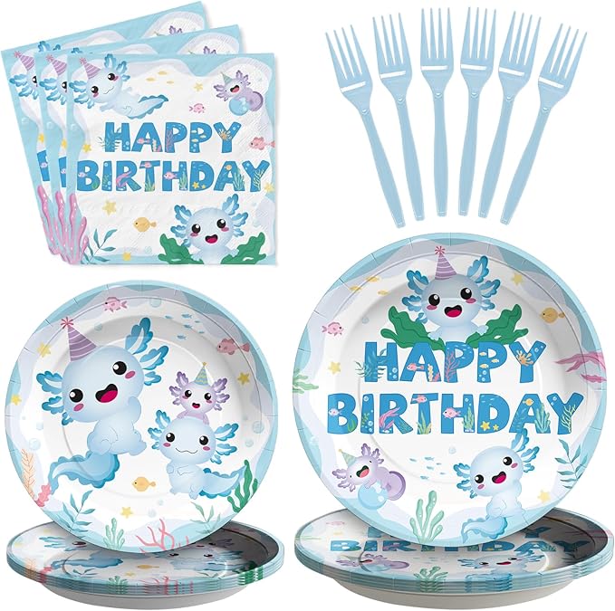 Grencian 96 Pcs Axolotl Birthday Party Supplies Blue Cartoon Axolotl Plates and Napkins Disposable Reptile Animals Tableware Set Axolotl Party Decorations Favors for Kids Boy Baby Shower Serves 24