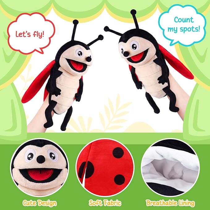Animal Hand Puppets 11 Inch Insect Plush Ladybug Ant Dragonfly Caterpillar Puppet Toys Role-Play Puppets for Kids Storytelling Imaginative Pretend Play Teaching Preschool(Ladybug)