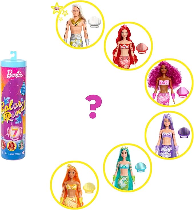 Barbie Color Reveal Doll & Accessories, Rainbow Mermaid Series, 7 Surprises, 1 Mermaid Barbie Doll (Styles May Vary)