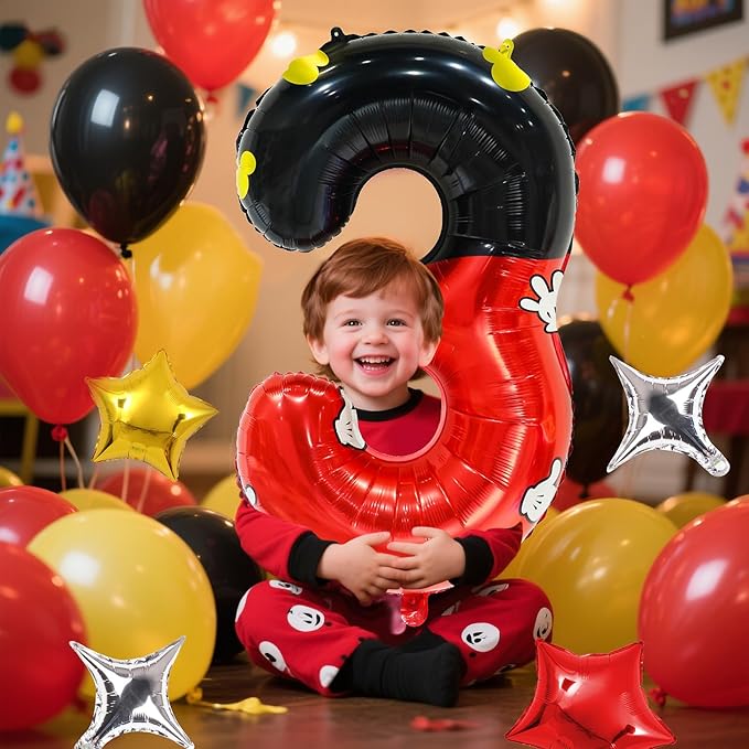 YIIHMEI 3rd Mouse Balloons Birthday Decorations Party Supplies Boy Red And Black Foil Balloon Banner 40inch Number