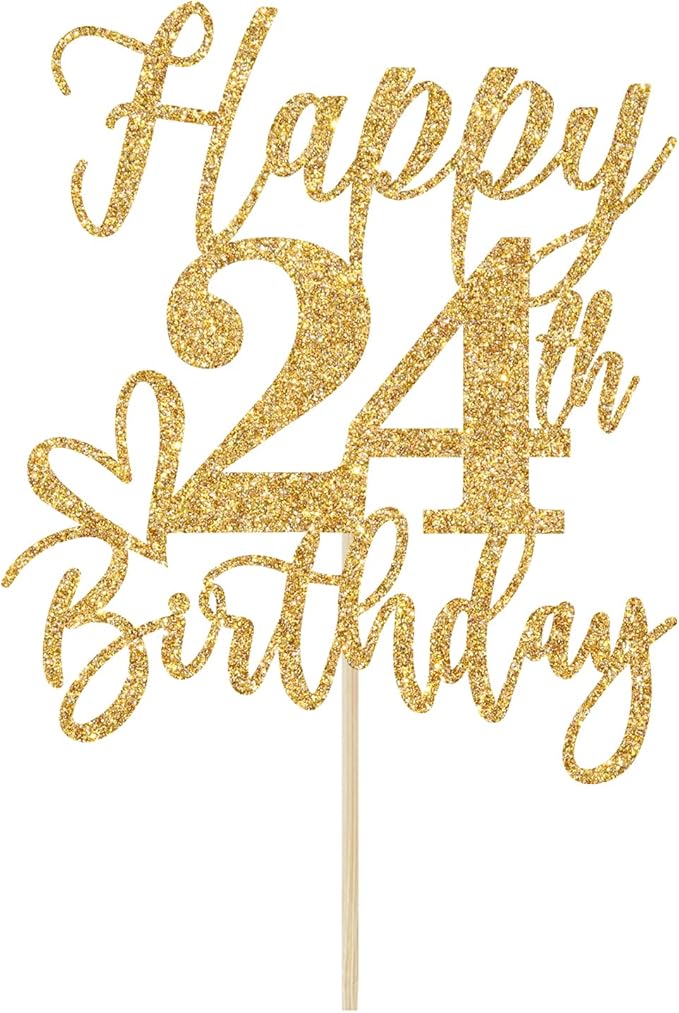 Gold Glitter Happy Birthday Cake Topper, Funny Party Supplies (24th Birthday)