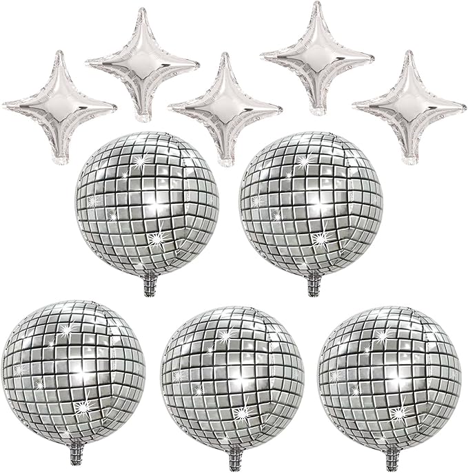 FBQ 10 Pcs Silver Balloon Disco Balloon Star Balloons Disco Party Mirror Foil Balloon 70s 80s 90s Dance Party Birthday Themed Decorations Supplies