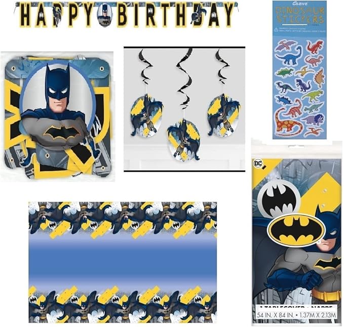 Batman Birthday Party Supplies Decoration Bundle includes Birthday Banner, Table Cover, Hanging Swirl Decorations, 1 Dinosaur Sticker Sheet