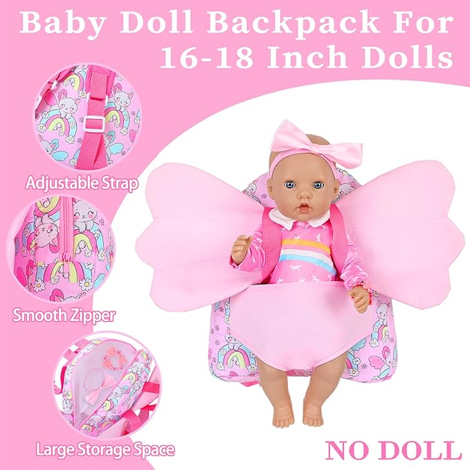 Ecore Fun 18 Inch Doll Backpack Carrier Set, 6PCS Doll Clothes & Fashion Accessories with Pink Backpack Carrier Bag, Headband, Bracelet, Outfit & Stickers