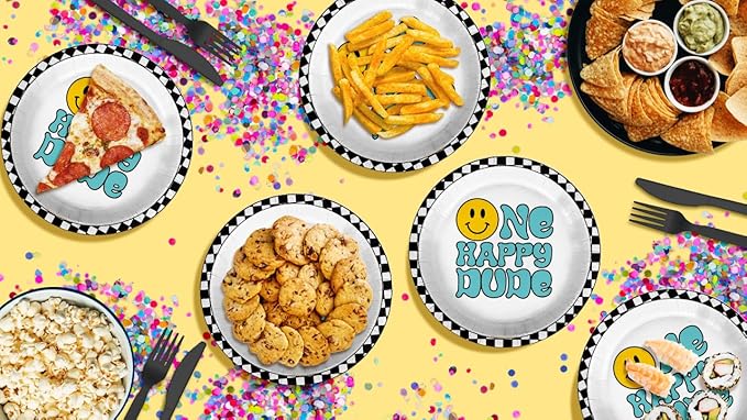 One Happy Dude Smiley Face First Birthday - 32 Piece Disposable Party Supplies - Decorations for Boy's 1st Birthday Round Party Plates - Large 9" Paper Plates In Bulk