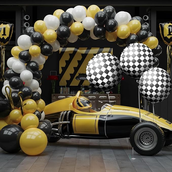 Black White Yellow Balloon Arch Kit,Balloons Garland Kit with Black White Checkered Star Balloons for Boys 1st Birthday Party Decorations