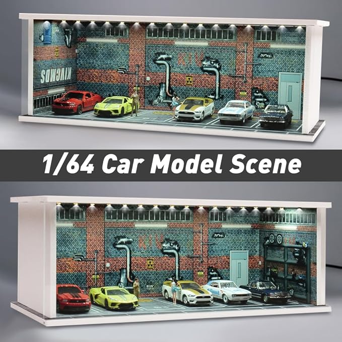 1/64 Model Car Display Case Diecast Diorama Garage，Simulated Parking Lot Model Miniature Scene Parking Lot PVC Assembly with Light Parking Space Model Display Frame Toy Display Box (Grey)