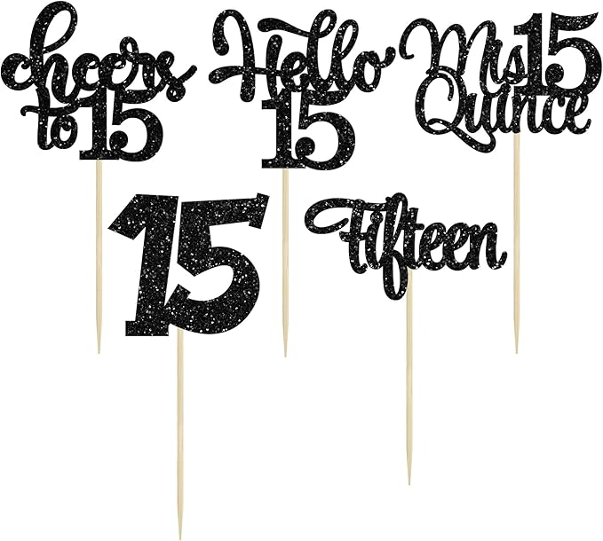 30Pcs 15th Birthday Cupcake Toppers Fifteen Cupcake Picks Cheers to 15 Years Old Mis Quince 15 Cake Decorations for 15th Birthday Anniversary Party Black Glitter