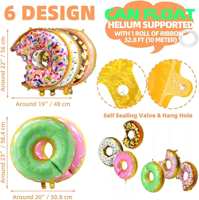 Colorful Donut Balloon Sweet Candy Sprinkle Party Supplies Dessert Food Cake Donut Time Decoration, 6 Different Doughnut Balloons For Grow Up Birthday Baby Shower Wedding Hawaiian Summer Spring Party