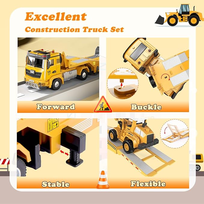 Alloy Die-Cast Construction Vehicles Toys Set w/Semi Truck, Excavator & Bulldozer - Real Lights & Sounds, Movable Parts - Learning Toys Gift for 3-7 Year Old Boys Girls