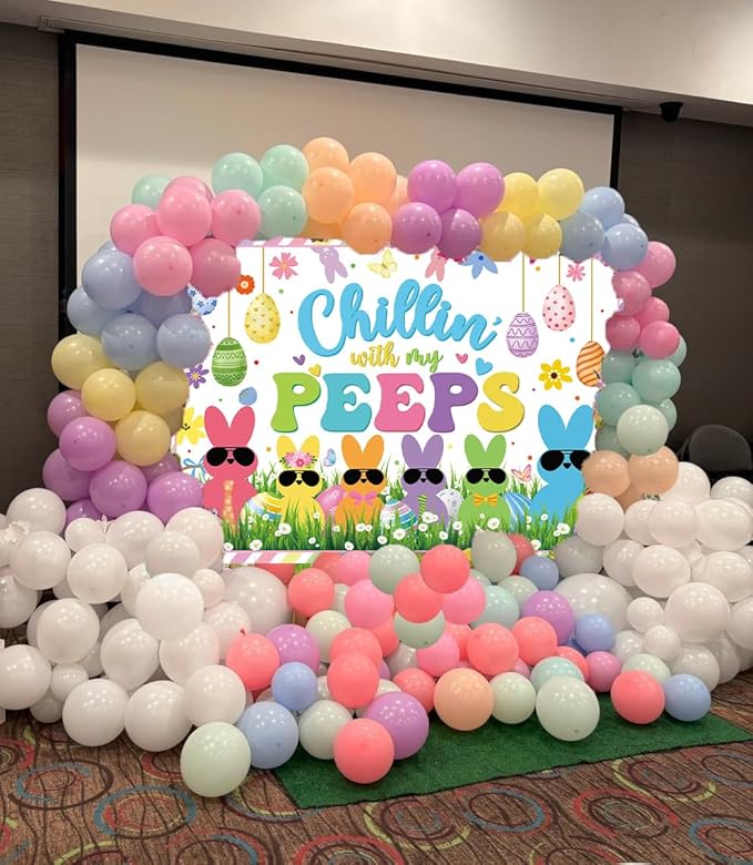 Chillin with My Peeps Banner Backdrop 7x5FT Bunny Happy Easter Peeps Background Spring Party Decorations Supplies Photo Props