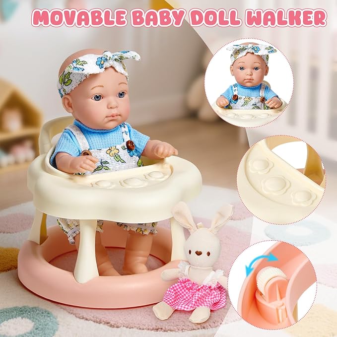Baby Doll Accessories Set for Girls, 9'' Baby Doll with 2 Sets Clothes Doll Walker Chair Feeding Bottle Pacifier Diaper Blanket, Realistic Pretend Play Toys Toddler Girl Birthday Gifts 3 4 5 6