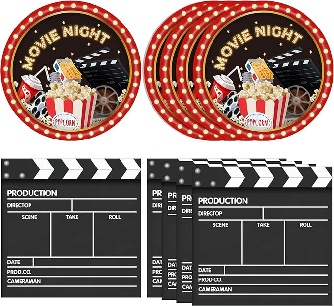40PCS Movie Night Party Supplies Movie Theme Birthday Party Plates and Napkins Set Movie Night Disposable Dinnerwares Favors for Movie Theme Party Decorations
