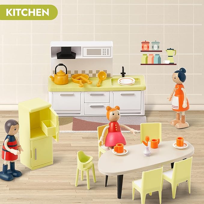 Giant bean 37pcs Green Wooden Plastic Dollhouse Furniture Kitchen and Bathroom Set, Modern Wood Dollhouse Accessories Pretend Play Furniture Christmas Toys for Boys Girls Toddlers & Kids 3+