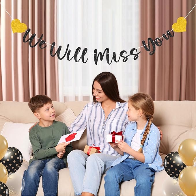 We Will Miss You Banner Decorations Goodbye Party Banner Retirement Banner Decorations Sign for Going Away Party, Retirement, Farewell, Graduation, Army Party Supplies(Glitter Black)