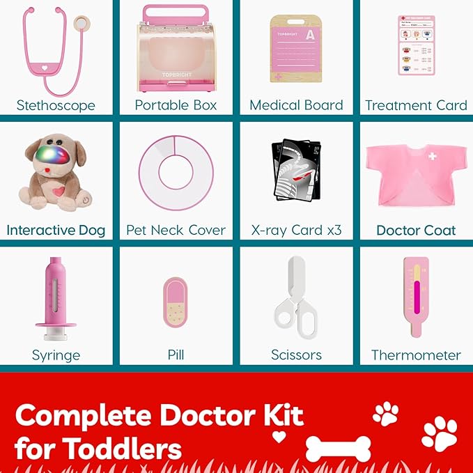 TOP BRIGHT Doctor Kit for Toddlers 3-5, Pretend Play Doctor Set with Pink Veterinarian Costume, DR Kit Dress Up Toys for Kids, Role Play Dog Vet Playset, Christmas Birthday Gifts for Girls Boys 3 4 5