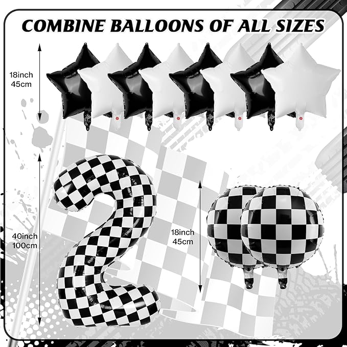 40 Inch Checkered Number Balloons 2 Black and White Foil Balloon for Girls & Boys Racing Car Theme Birthday Party Decorations, Party Supplies & Favors(Number 2)