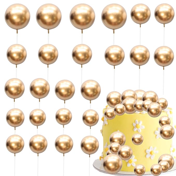 Gyufise 30Pcs Mini Balloon Cake Topper Gold Foam Ball Cake Picks Cupcake Faux Pearl Balls DIY Cake Insert Topper Decoration for Anniversary Graduation Birthday Party Baby Shower Supplies