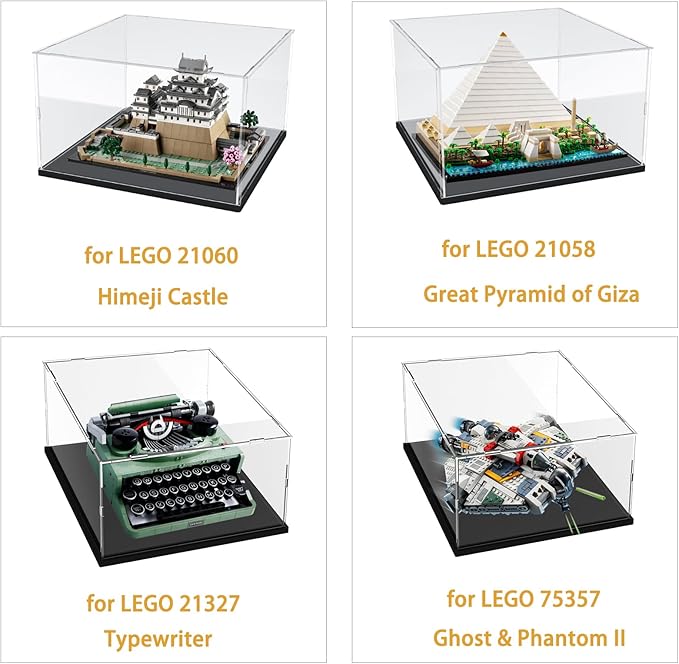 Thickened Clear Acrylic Display Case for Lego 21060 Himeji Castle for 75357 Ghost Phantom II for 60413 21327 Collectibles, Transparent Dustproof UV Protection with Light, Black Inside 13.8x13.8x7.9in