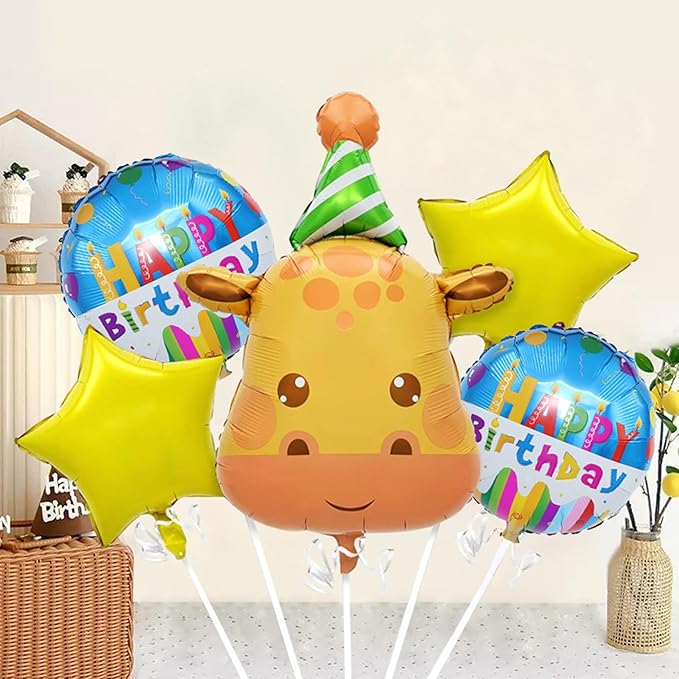 3D Giraffe Foil Animal Balloons Set,Kids Happy Birthday Party Decoration, Circle Star-Shaped Balloon,Jungle Themed Woodland Safari Animal Balloons 5Pcs