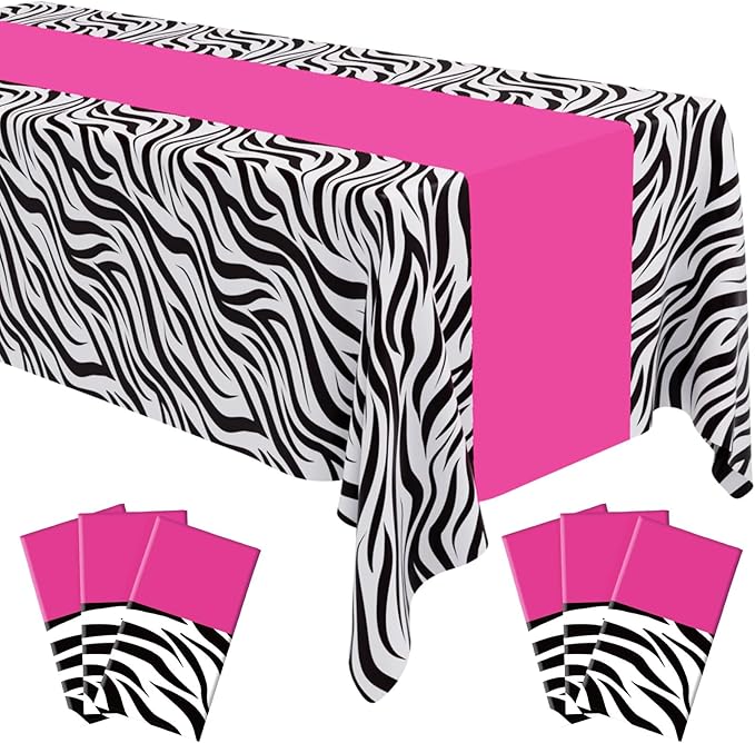 Buryeah 3 Pcs Zebra Tablecloth Zebra Print Plastic Table Cloth Disposable Tablecloth Animal Safari Table Cover 54 x 108'' for Baby Shower Wedding Birthday Party Decorations Supplies (Hot Pink B)