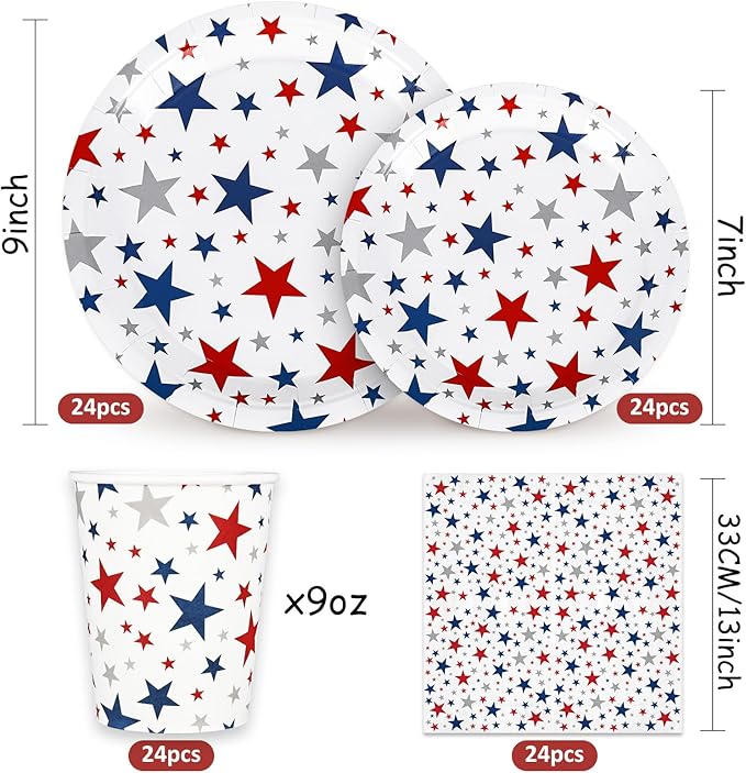 Whaline 96Pcs Patriotic Party Tableware Set with Paper Plates Napkins Cups Red Blue Silver Stars Independence Day Disposable Dinnerware Set for 4th of July Veterans Day Memorial Day Party Table Decor