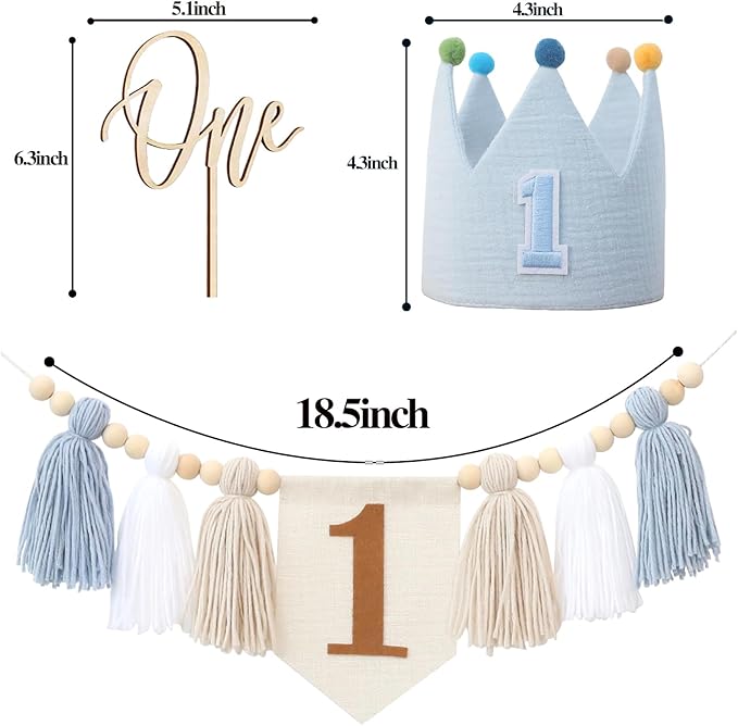 Baby Boy First Birthday Party Decorations Blue White High Chair Banner 1st Crown Hat Cake Topper