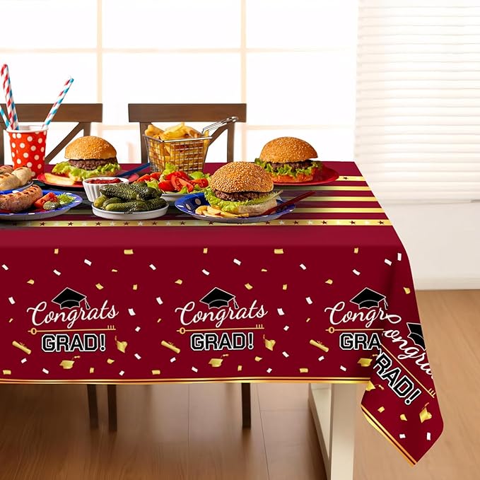 Childom 3 Pack Graduation Tablecloth,Graduation Decorations Class of 2026 Graduation Party Decorations,54"x108"Wine Red and Gold Plastic Table Cloth Disposable Rectangle for Home,School Party Supplies