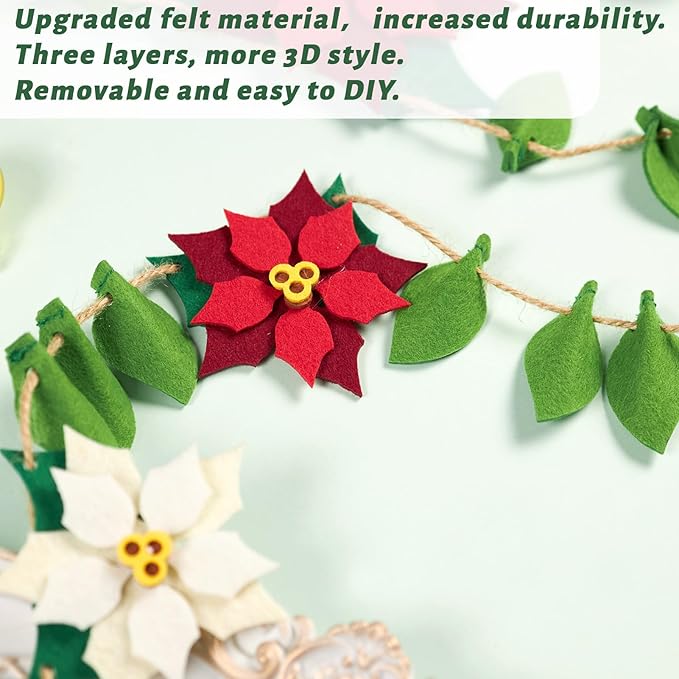 PAPER JAZZ Christmas Poinsettia Garland with White Red Artificial Flowers,11.4ft Velvet Artificial Poinsettia Garland,Christmas Decorations with Holly Leaves for Fireplace Door Wall Window Tree Yard.