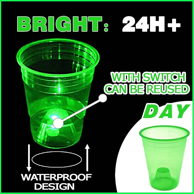 mishunyus 24 Pack Green Glow Cups, 16 oz Strong & Sturdy Disposable Plastic Cups for St Patrick Day Decoration, Green Theme Birthdays Party, Night Event Fun, BBQ, Beach, Holidays