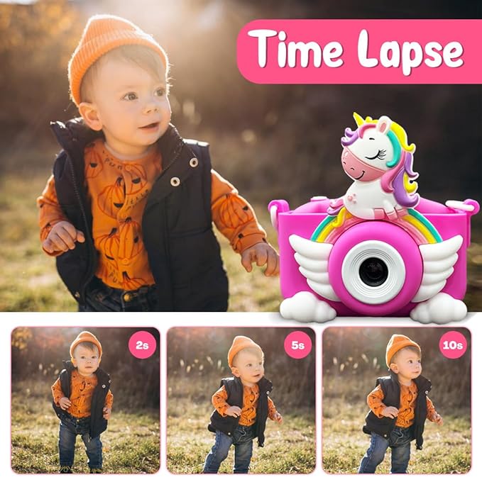 Wembley Kids Camera 3–8 Years | Unicorn Digital Selfie & Video Camera 1080P | Rechargeable Toddler Camera with Games | 32GB Card Included | Silicone Cover | Cute Birthday Gift for Girls & Boys - Pink