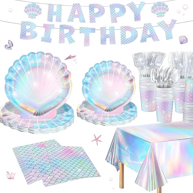 Summer Mermaid Party Supplies for Girls Baby Shower Birthday Party Under the Sea Themed Decor Iridescent Shell Plates Napkins Cups Knives Forks Tablecloths Banners Serves 20 Guests 122PCS