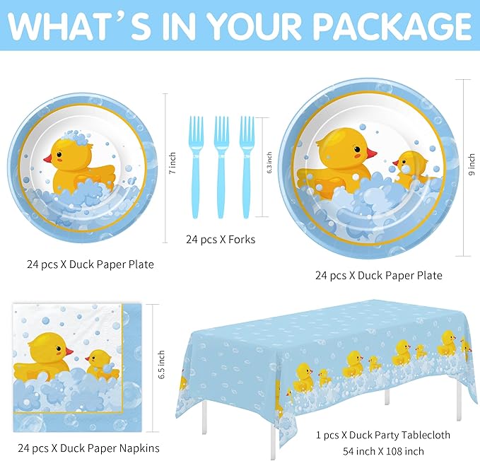 APOWBLS Rubber Duck Decorations Tableware - Bubble Bath Rubber Duck Party Supplies For Baby Shower Birthday, Paper Plate, Napkin, Tablecloth, Disposable Fork | Serves 24